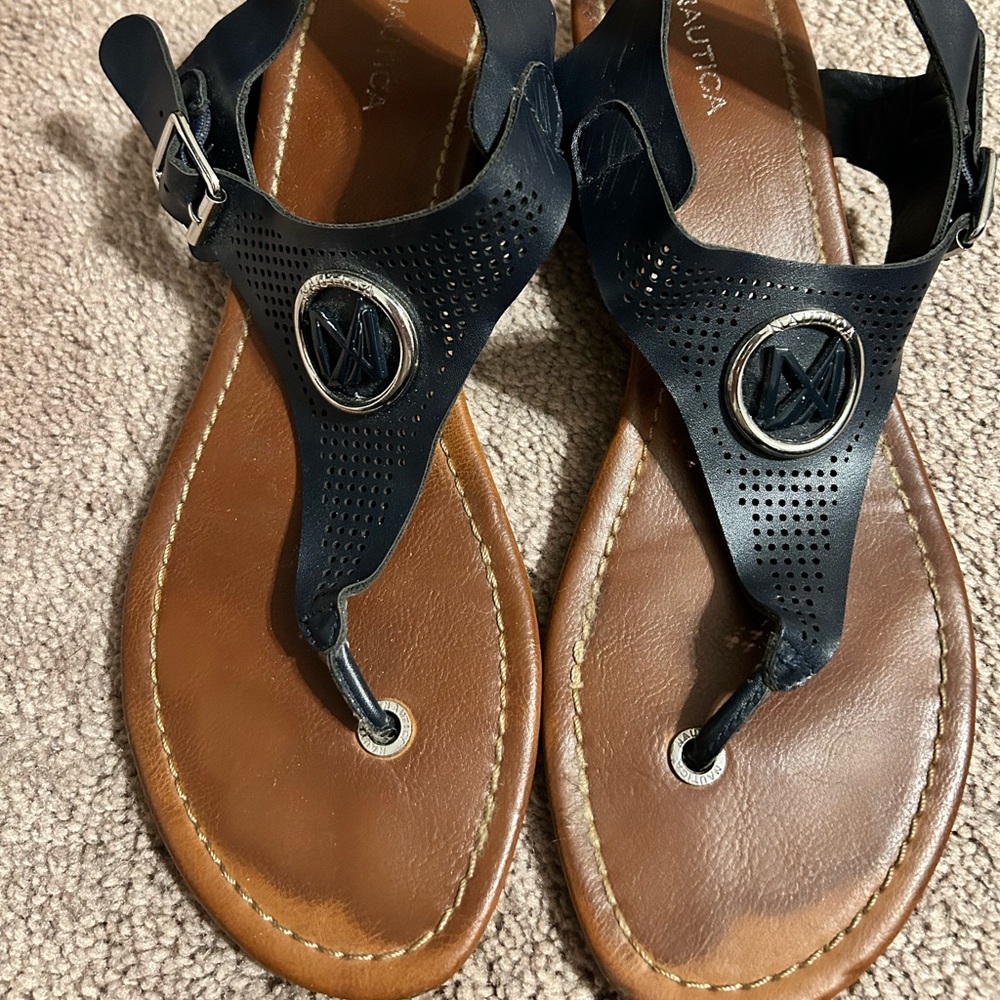 Nautica Navy Leather T-Strap Sandals with Brown Footbed